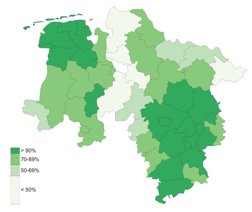Abbildung 2: Eigenversorgungsquote der Landkreise (Anteil der in Niedersachsen behandelten an allen behandelten PatientInnen aus dem Landkreis), Krebs gesamt, 2011