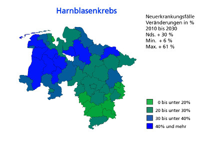 Abbildung 1: Prozentuale Veränderungen der Neuerkrankungs-Fallzahlen für Prostata- und Harnblasenkrebs (Männer und Frauen) von 2010 bis 2030 in Landkreisen und kreisfreien Städten Niedersachsens