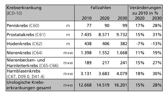 Tabelle 1: Absolute erwartete Neuerkrankungs-Fallzahlen und prozentuale Veränderungen für urologische Krebsdiagnosen in Niedersachsen von 2010 bis 2030 (m = männlich, w = weiblich)