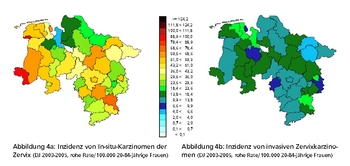 Abbildung 4a + 4b: Inzidenz von In-situ-Karzinomen der Zervix (Abb. 4a) und invasiven Zervixkarzinomen (Abb. 4b) (Diagnosejahre 2003-2005, rohe Rate/100.000 20-84-jährige Frauen)
